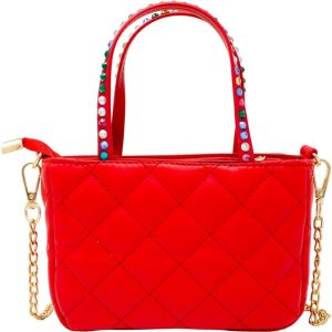 Quilted Rhinestone Tote Bag - Red